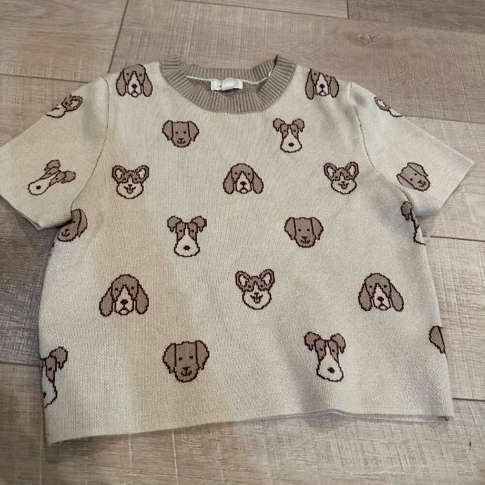 DEBUT GIRLS CROPPED SWEATER DOGS TAN MEDIUM 10/12